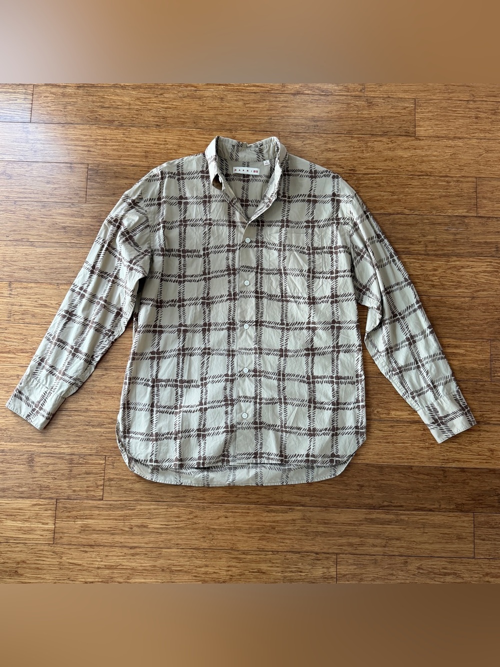 Marni x Uniqlo Men’s Oversized Print Long-Sleeve Shirt, Beige Plaid, SS22, Small
